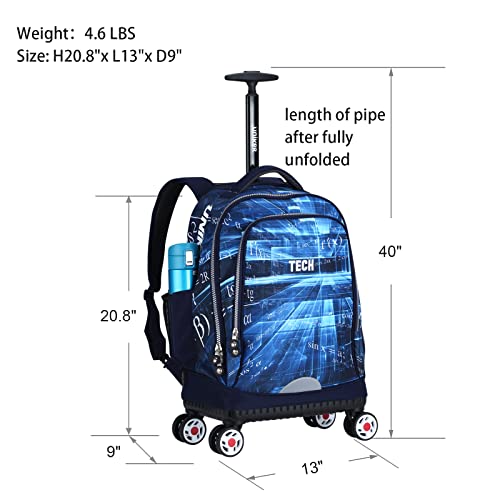 UNIKER Rolling Laptop Backpack, Softside Luggage with Spinner Wheels for Travel, Carry on Luggage Business Bag, College Student Computer Bookbag Trolley Suitcase for Men Women Blue