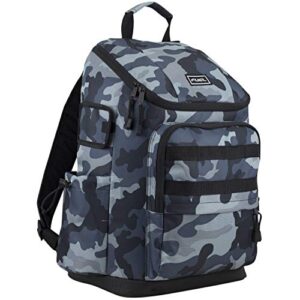 fuel multi-pocket cargo backpack with high capacity top-loader entry, black/midnight blue/camo