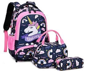 girls school backpacks with lunch box unicorn backpack school bag 3 in 1 bookbag set for 8+ years old elementary