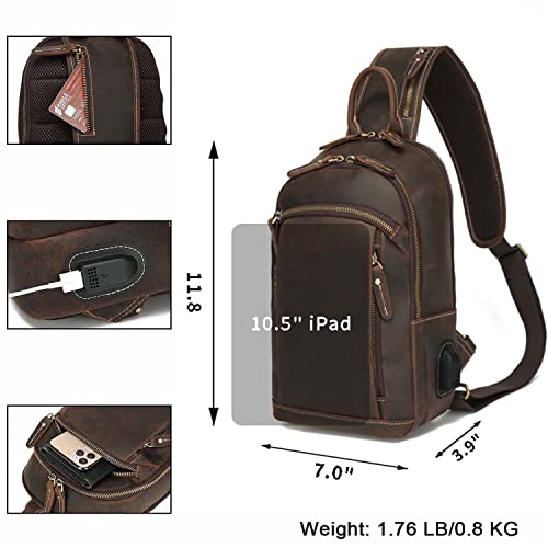 Taertii Full Grain Genuine Leather Sling Bag, Vintage Crossbody Shoulder Backpack Travel Bag Daypack For 10.5 inch iPad, Brown