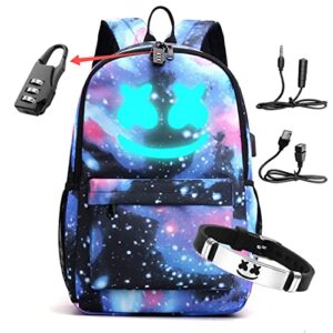 smile luminous backpack with usb charger port & headphone port, dj music laptop backpack, birthday gifts for teens and adult (sky)