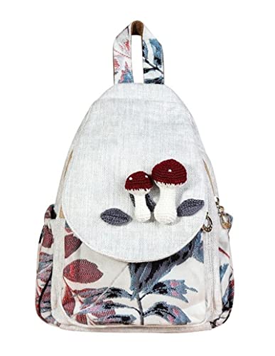 YIMOYICAI Women Casual Boho Woven Medium Canvas Prime Travel Laptop Backpack Hippie Embroidered Vintage Backpack Mushroom