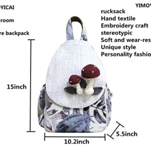 YIMOYICAI Women Casual Boho Woven Medium Canvas Prime Travel Laptop Backpack Hippie Embroidered Vintage Backpack Mushroom