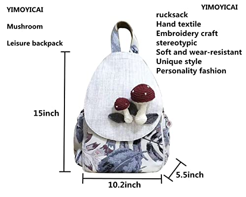 YIMOYICAI Women Casual Boho Woven Medium Canvas Prime Travel Laptop Backpack Hippie Embroidered Vintage Backpack Mushroom