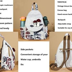 YIMOYICAI Women Casual Boho Woven Medium Canvas Prime Travel Laptop Backpack Hippie Embroidered Vintage Backpack Mushroom