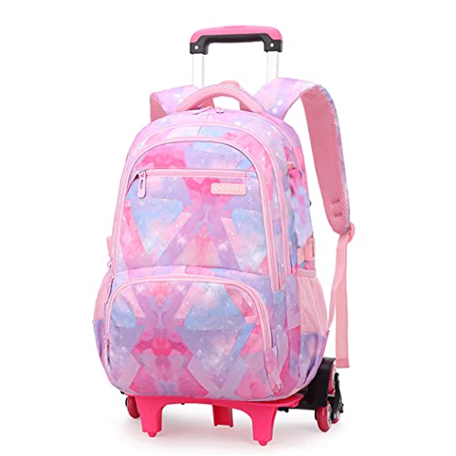 Pink Lattice Primary Middle School Bag Rolling Backpack Elementary Girls Wheeled Bookbag with Six Wheels