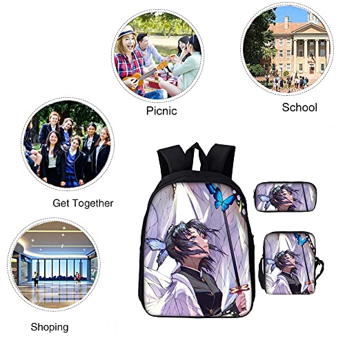 Fdetfs Anime Demon Slayer School Backpack, Set 3 Piece Students Schoolbag, Anime Bag for Teens Boys and Girls-Shinobu I