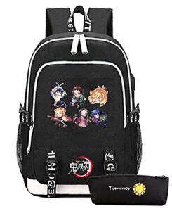 timmor magic japanese anime backpack for boys with usb charging port, middle school college tanjiro bookbags for women men.(black6)