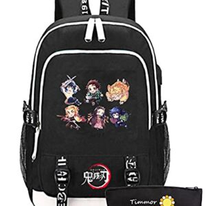 TIMMOR MAGIC Japanese Anime Backpack for Boys with USB Charging Port, Middle School College Tanjiro Bookbags for Women Men.(Black6)