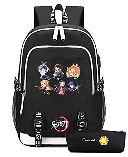 TIMMOR MAGIC Japanese Anime Backpack for Boys with USB Charging Port, Middle School College Tanjiro Bookbags for Women Men.(Black6)