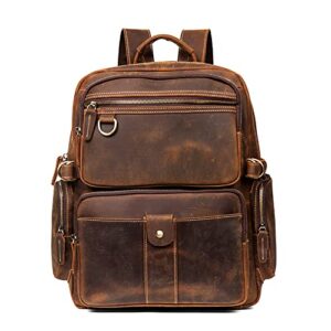 pahvrion men’s vintage leather backpack casual daypack fits 15.6 inch laptop brown travel rucksack business work hiking daypack