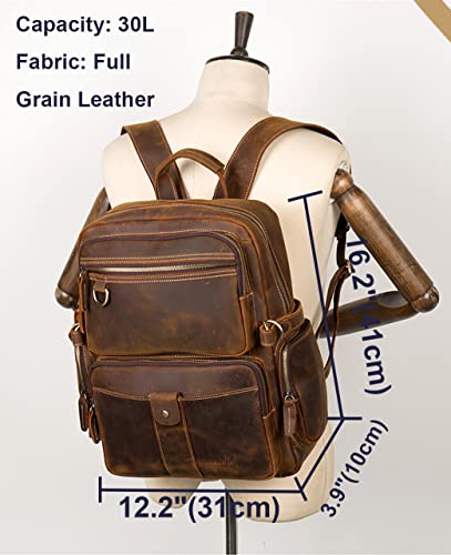 PAHVRION Men's Vintage Leather Backpack Casual Daypack Fits 15.6 Inch Laptop Brown Travel Rucksack Business Work Hiking Daypack