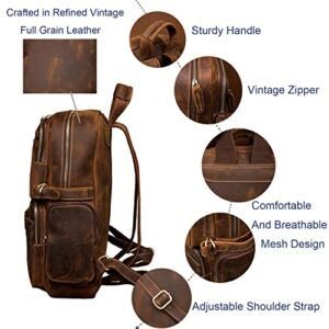 PAHVRION Men's Vintage Leather Backpack Casual Daypack Fits 15.6 Inch Laptop Brown Travel Rucksack Business Work Hiking Daypack