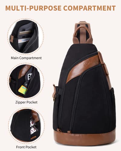 Celvetch Sling Bag for Men - Canvas Sling Backpack Mens Crossbody Bag Large Shoulder Bag for Hiking Travel - Black