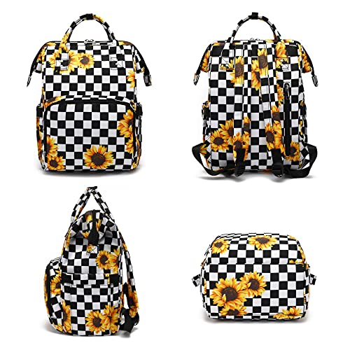 Laptop Backpack for Women, 15.6 inch College School Backpacks Bookbag for Work/School/Travel/Business (Checkered Sunflower)