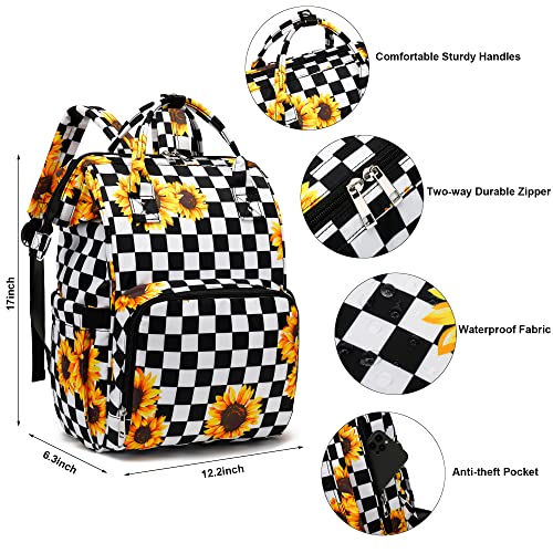 Laptop Backpack for Women, 15.6 inch College School Backpacks Bookbag for Work/School/Travel/Business (Checkered Sunflower)