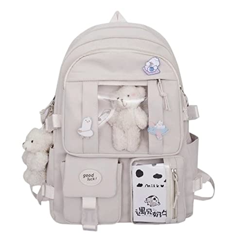 CHERSE Kawaii School Backpack for Teen Girls Back to School Aesthetic Cute Adorable Lovely with Kawaii Pin and Cute Accessory (White)