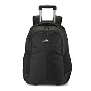 high sierra powerglide pro wheeled backpack with 360 degree reflectivity, telescoping handle, dual side pockets, and laptop sleeve, black