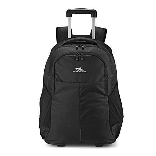 High Sierra Powerglide Pro Wheeled Backpack with 360 Degree Reflectivity, Telescoping Handle, Dual Side Pockets, and Laptop Sleeve, Black