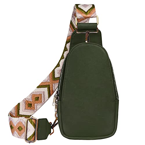 JXWENBYX Sling Bag for Women PU Leather Sling Bag Small Crossbody Sling Backpack Fashion Chest Bag for Traveling Hiking (Green)