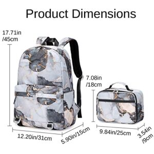 FUIWTTR Backpack for Girls School Bag Marble Lightweight Kids Backpacks Set Durable Bookbag with Lunch Bag for Teen Girls Student Teen High School Black