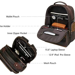 UBANT Leather Backpack for Men,15.6" Laptop Backpack Large Capacity Vintage Casual Travel Business Work Computer Bag Outdoor Weekend Daypacks (Dark Brown)