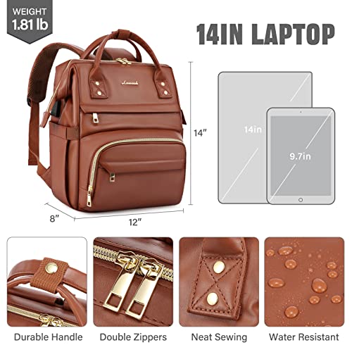 LOVEVOOK Laptop Backpack for Women,Soft Faux Leather,Travel Backpack Purse Laptop Bag for Women,Nurse Bag Teacher Backpack,Bookbag Business Laptop Backpack Women,Work Bag with USB Port,14 inch,Brown