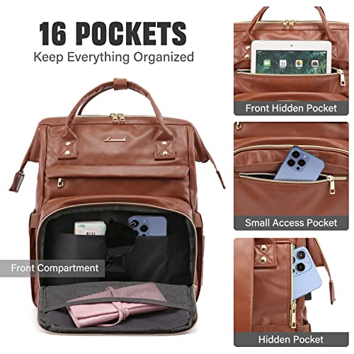 LOVEVOOK Laptop Backpack for Women,Soft Faux Leather,Travel Backpack Purse Laptop Bag for Women,Nurse Bag Teacher Backpack,Bookbag Business Laptop Backpack Women,Work Bag with USB Port,14 inch,Brown