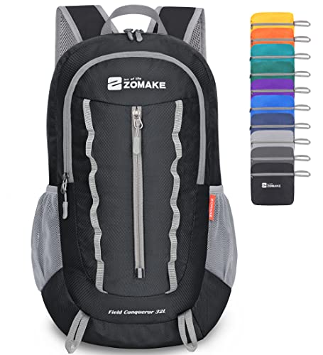 ZOMAKE Packable Hiking Backpack Water Resistant:32L Lightweight Foldable Backpacks - Small Packable Back Pack for Travel Camping Hiking Women Men (Black)