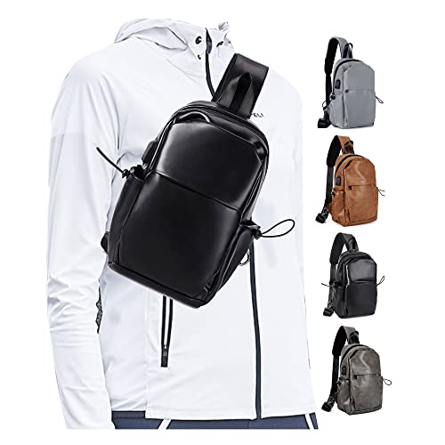 SEAFEW Black Leather Small Sling Bag Crossbody Backpack Shoulder Bag for Men Women, Hiking Daypack Multipurpose Anti-Theft Cross Body Chest Bags, One Strap Backpack for Walking Biking Travel Cycling