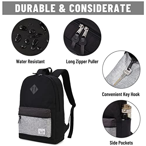 VASCHY Backpack for Men Women, Water-Resistant School Backpack Bookbag Schoolbag Casual Daypack Work Black