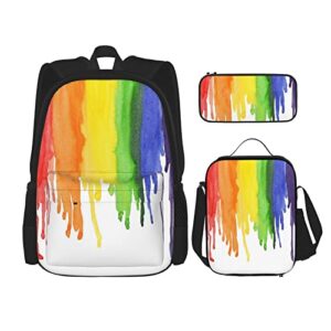 3 piece set backpacks colorful love watercolor iridescent gay lesbian lgbt yellow book bag travel camping work school bag pencil case lunch bag combination for men women boys girls one size