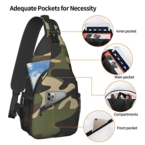 Camouflage Chest Sling Bag Seamless Green And Brown Colors Camo Pattern Military Background Crossbody Shoulder Backpack Lightweight Travel Hiking Casual Daypack for Men Women Outdoors Biking Climbing