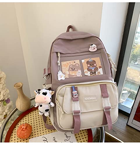 Kawaii Backpack Aesthetic Laptop Bag Large Capacity School Bag 17in Cute Bookbag Backpacks for Girls with Badge&Cute Pendant Pink1