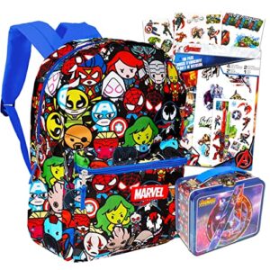 marvel avengers backpack set – 6 piece marvel superhero school backpack bag set with snack box, pen, bookmark, stickers and more (marvel school supplies)