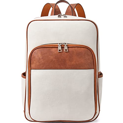 Telena Leather Laptop Backpack for Women Business Casual College Laptop Bags Beige-Brown