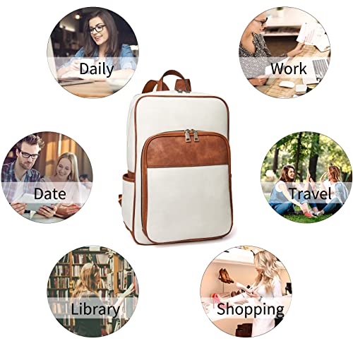 Telena Leather Laptop Backpack for Women Business Casual College Laptop Bags Beige-Brown