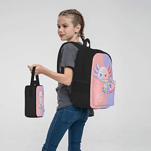 ALOVEUZ Axolotl Backpacks For Teen Boys Girls Lightweight Bookbag Set Daypack With Lunch Bag And Pencil Case, Black 9, One Size