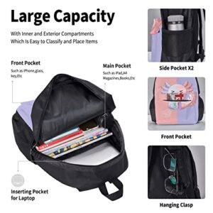 ALOVEUZ Axolotl Backpacks For Teen Boys Girls Lightweight Bookbag Set Daypack With Lunch Bag And Pencil Case, Black 9, One Size