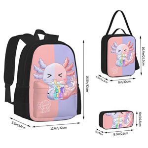 ALOVEUZ Axolotl Backpacks For Teen Boys Girls Lightweight Bookbag Set Daypack With Lunch Bag And Pencil Case, Black 9, One Size