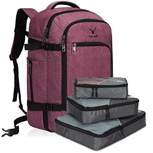 Hynes Eagle Travel Backpack 40L Flight Approved Carry on Backpack Red Violet with Grey 3PCS Packing Cubes Set