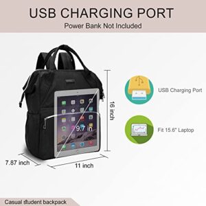 KNOWVAN Casual Backpack for Women, 15 Inch Travelling School Shoulder Bag-Fits Up to 15.6Inch Laptop with USB Charging Port (Black)