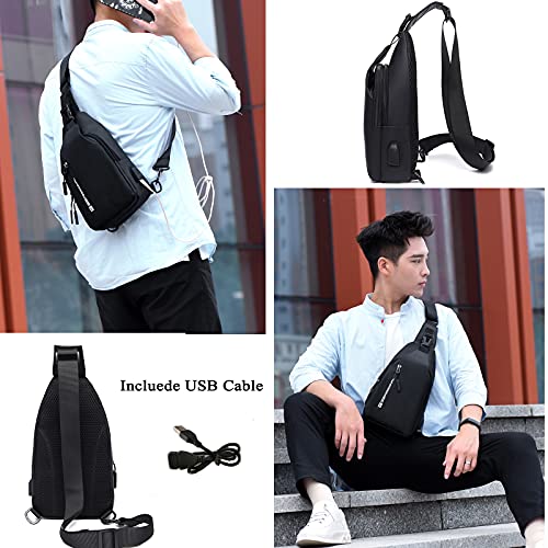 Crossbody Sling Backpacks Sling Bag for Men Women Shoulder Backpack Chest Bags with USB Charger Port Oxford Cloth Crossbody Daypack for Hiking Camping Cycling Running Walking,Black