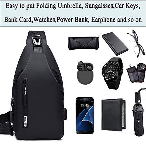 Crossbody Sling Backpacks Sling Bag for Men Women Shoulder Backpack Chest Bags with USB Charger Port Oxford Cloth Crossbody Daypack for Hiking Camping Cycling Running Walking,Black