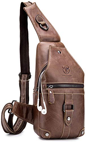 Genuine Leather Sling Bag,Full Grain Leather Chest Bag Casual Crossbody Shoulder Backpack Travel Hiking Vintage Daypacks for Men