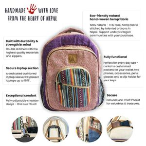 Ojas Yatra Large Hemp Backpack - Handmade Pure Hemp Bags for Women & Men - Boho/Hippie Himalayan Bag for Travel & Festivals - Bohemian/Baja Aztec Purple Backpack