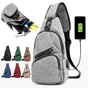 ulemeili sling backpack with usb charging port, men women chest crossbody shoulder bag biking hiking cycling (grey, one size)