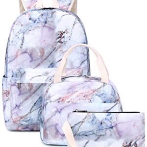 Bluboon Teen Girls School Backpack Kids Bookbag Set with Lunch Box Pencil Case Travel Laptop Backpack Casual Daypacks (Marble 5)