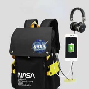 MOUNSHET NASA backpack logo astronaut USB charging + headphone hole casual bag unisex travel bag large capacity laptop bag (blue,18.9? X13.4?X 8.37")