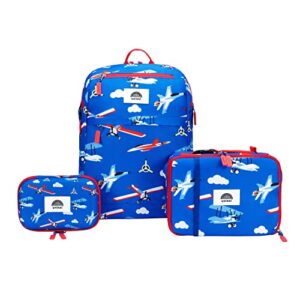 uninni airplane kids backpack set for age 5+, with insulated lunch bag and cute pencil case, lightweight, school and travel storage organizers for boys and girls